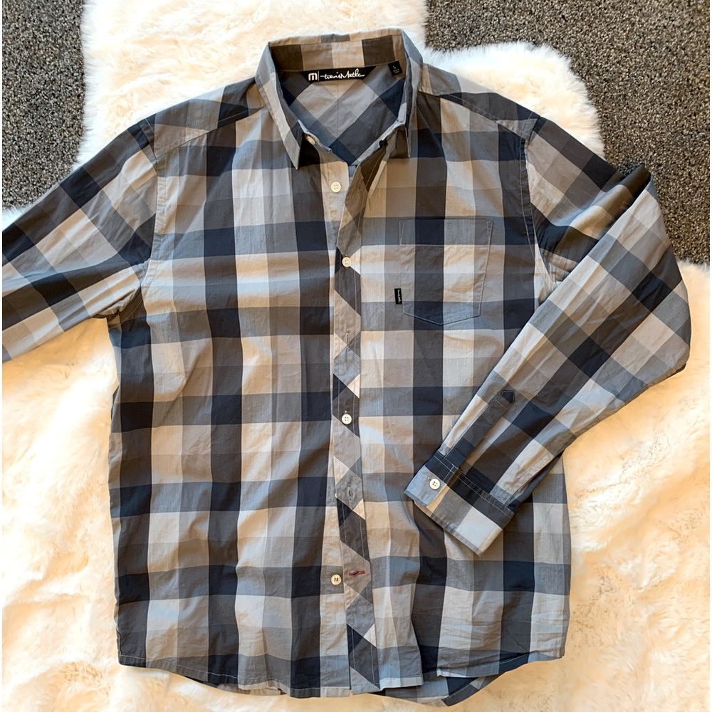Blue plaid collared dress shirt